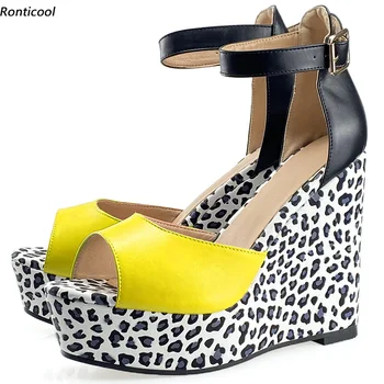 Ronticool/Нови дамски летни сандали с каишка и катарама, Леопардовый модел, ток на танкетке с отворени пръсти, 11 Цвята, обувки за партита, големи размери САЩ 5-20