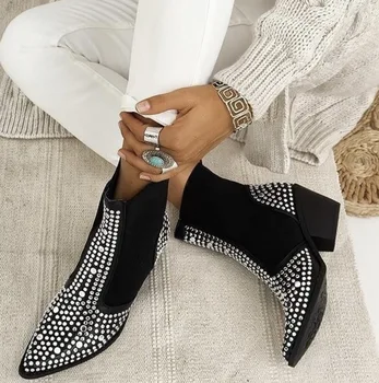 Къси Ботуши с остри пръсти и Нитове в стил мозайка Zapatos Mujer Дамски Обувки До Глезена Модни Дамски Обувки На Дебелите ток Botas Femininas