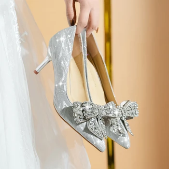 Сватбени Сандали Дамски Обувки на висок ток 2023 г., Новите Модни Обувки На Висок Ток, със Златист Блестящ диамантен пръстен и Лък Принцеса